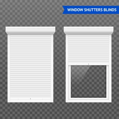 Window roller shutters set in closed and open form white on transparent background vector illustration