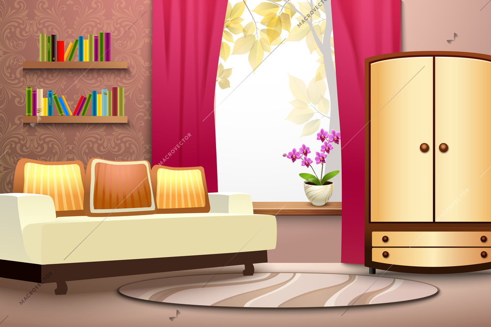 Room cartoon interior with sofa wardrobe curtains and books  vector illustration
