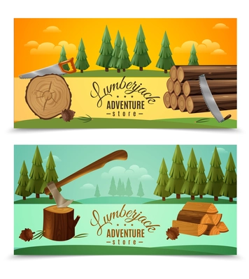 Lumberjack woodcutter outdoor adventures 2 banners set with ax saw and fairytale woodland background isolated vector illustration