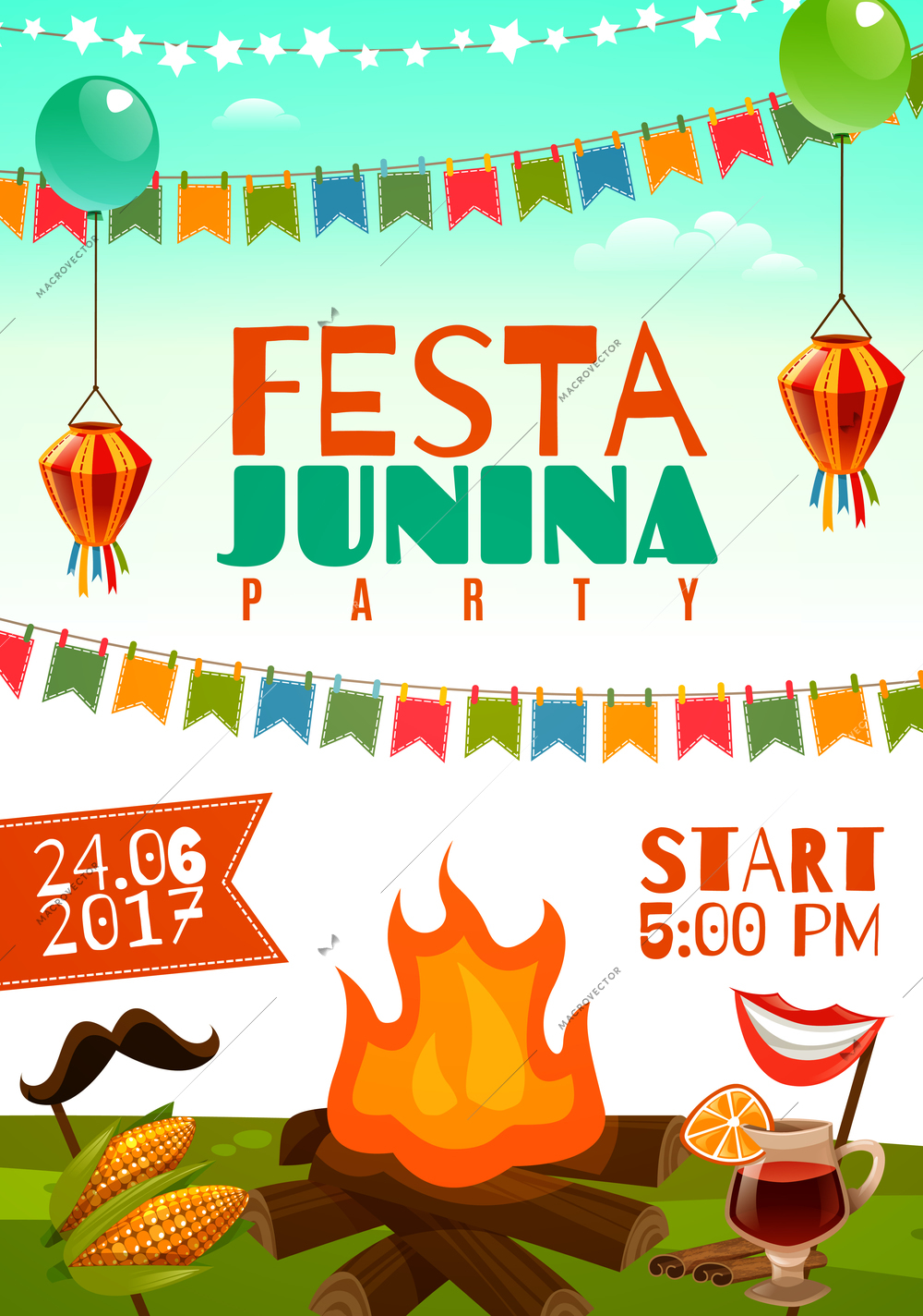 Festa junina poster with holiday decorations corn on cobs glass of red wine and fire on meadow flat vector illustration