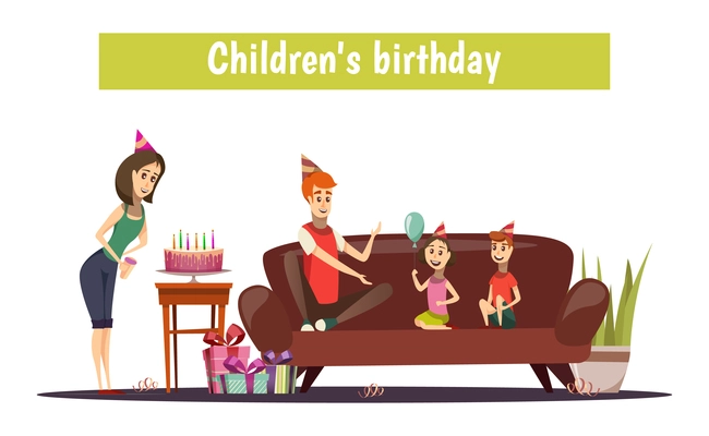 Kids birthday composition with dad, boy, girl on sofa cake on table gifts on floor vector illustration