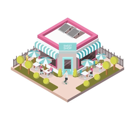 Sweet shop outside view with street tables near store building, staff and clients, lawn isometric vector illustration