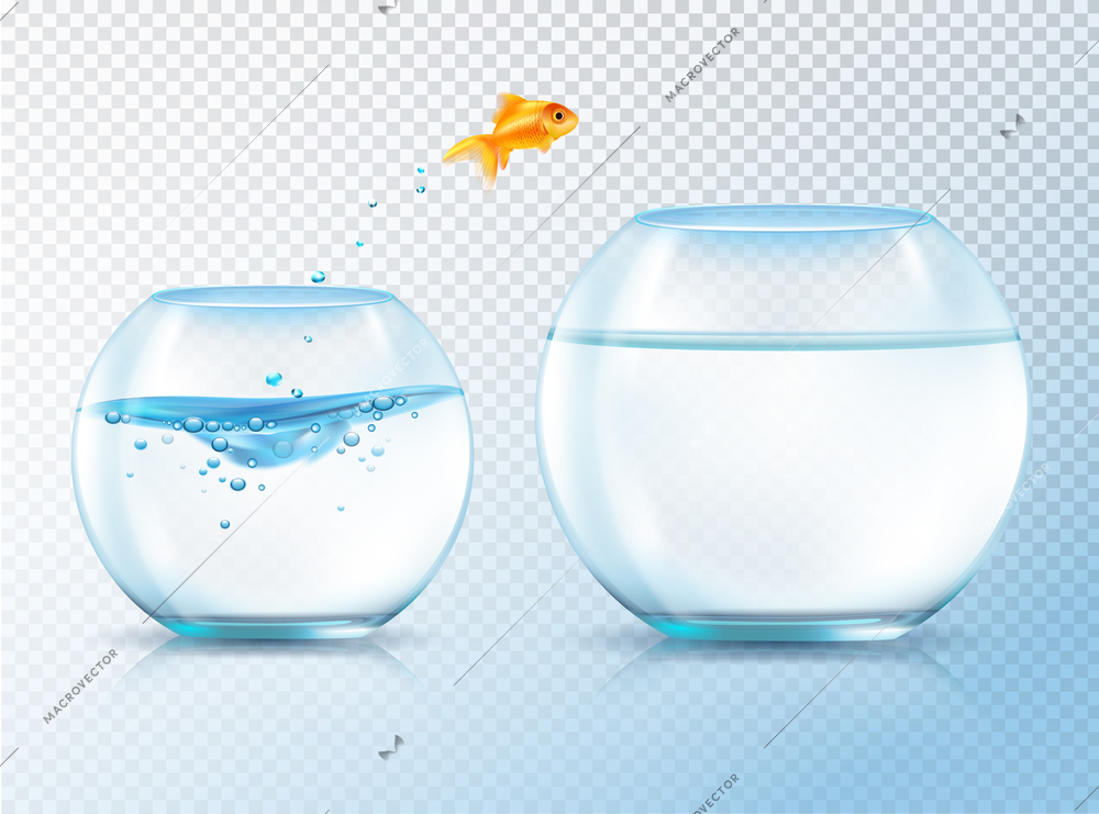 Fish jumping out bowl composition with realistic image of goldfish and two similar aquariums inflated with water vector illustration