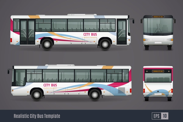 City bus colored realistic images from frontal back right and left sides isolated on grey background vector illustration