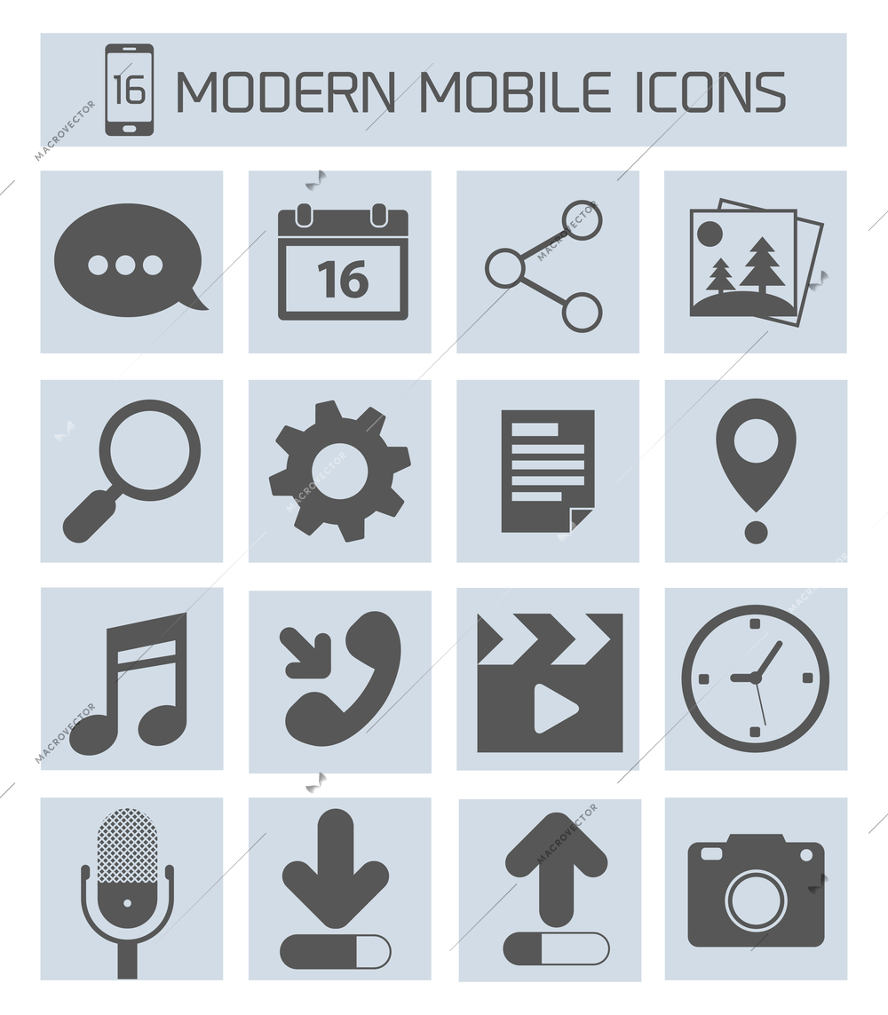 Mobile phone modern applications microphone mail video clock icons set  isolated vector illustration