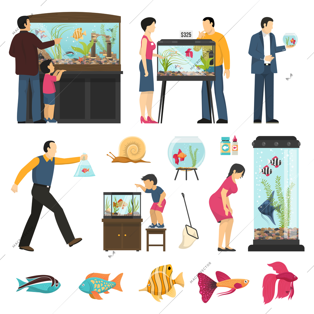 Aquarium people set of isolated human characters fish tanks of different shape and various fish species vector illustraton