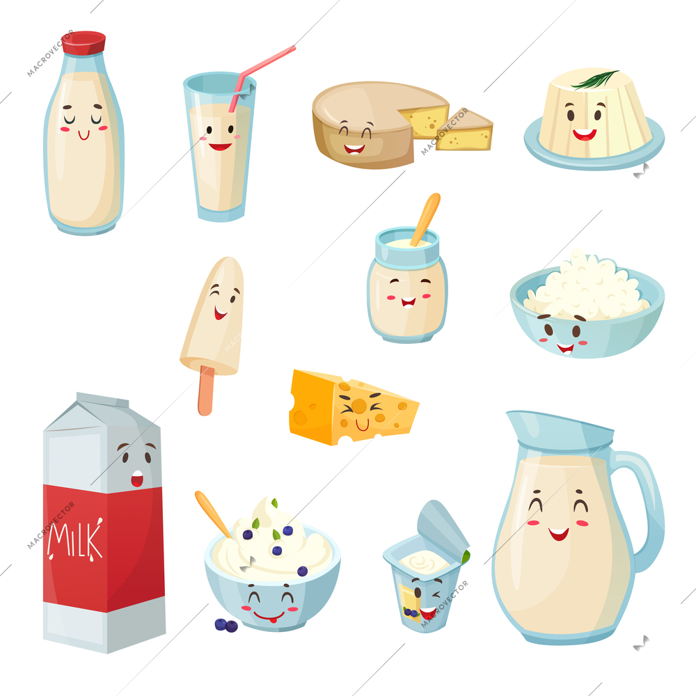 Set of milk products with smiles including cheese curd yogurt ice cream cartoon style isolated vector illustration