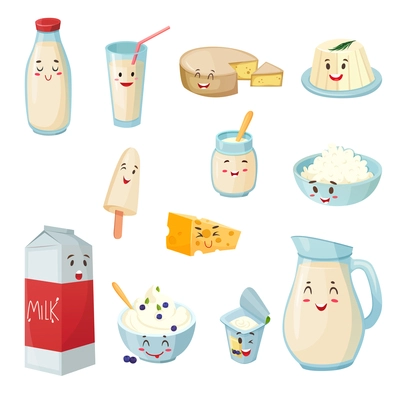 Set of milk products with smiles including cheese curd yogurt ice cream cartoon style isolated vector illustration