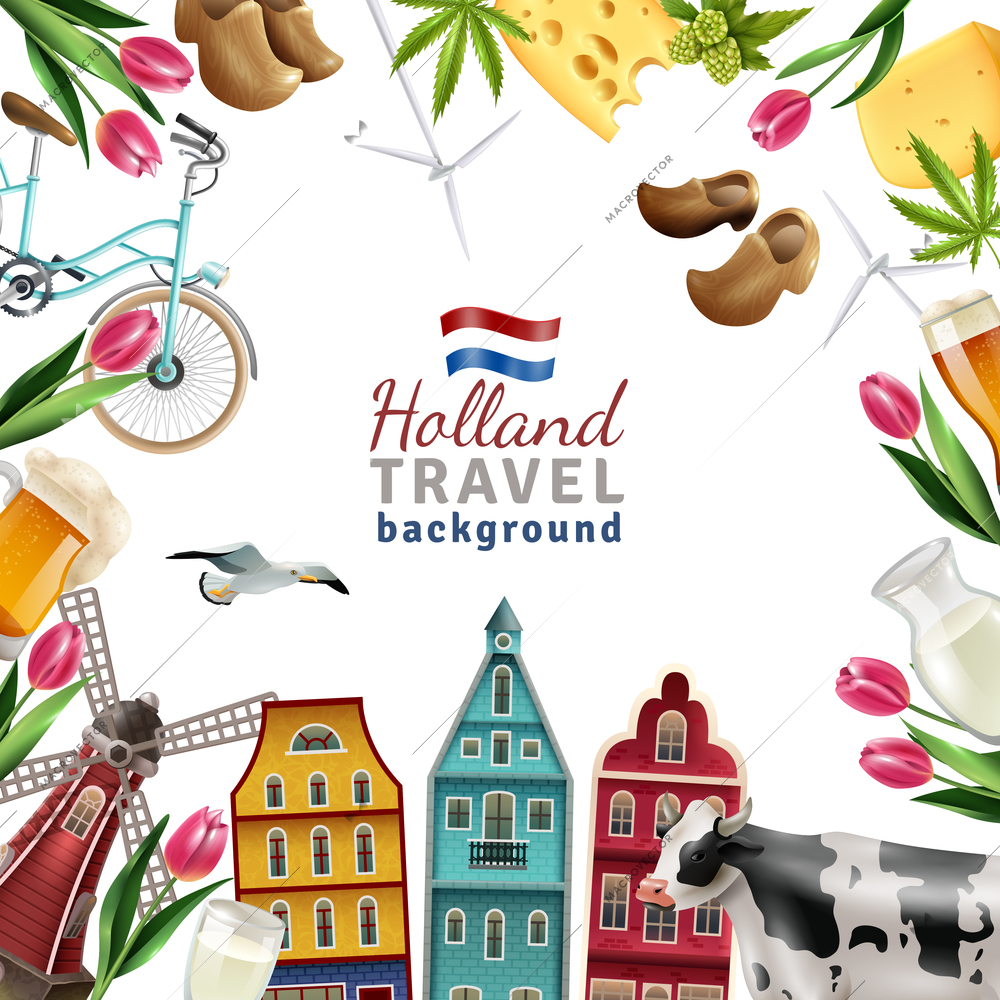 Holland travel cultural and sightseeing  symbols frame background poster with tulips wooden clogs and windmills vector illustration