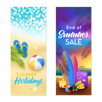 Tropical beach summer vacation holiday tours packages sale 2 colorful vertical advertisement banners set isolated vector illustration