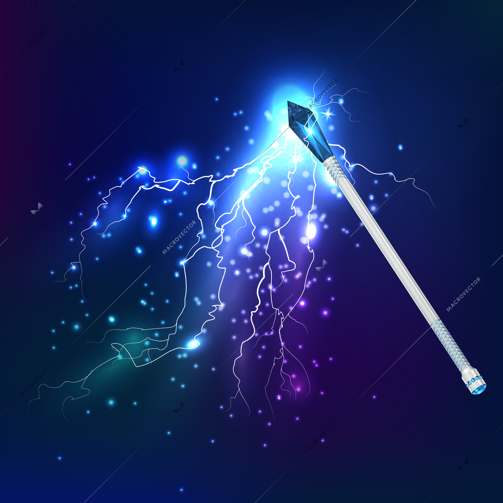 Magic wand in night sky realistic background with electric discharge and glowing effect vector illustration