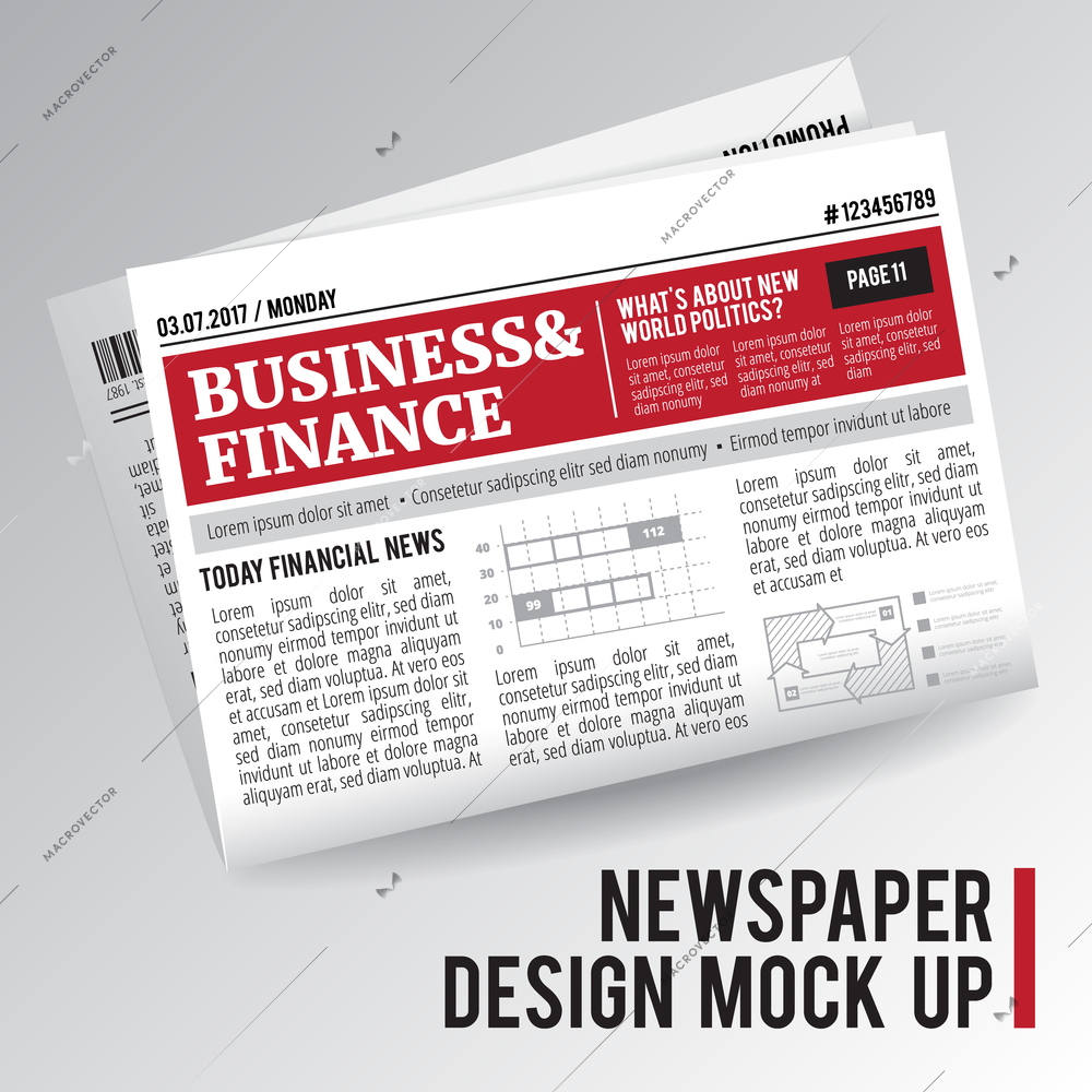 Folded, single, realistic economic newspaper with business and finance information on white background isolated vector illustration