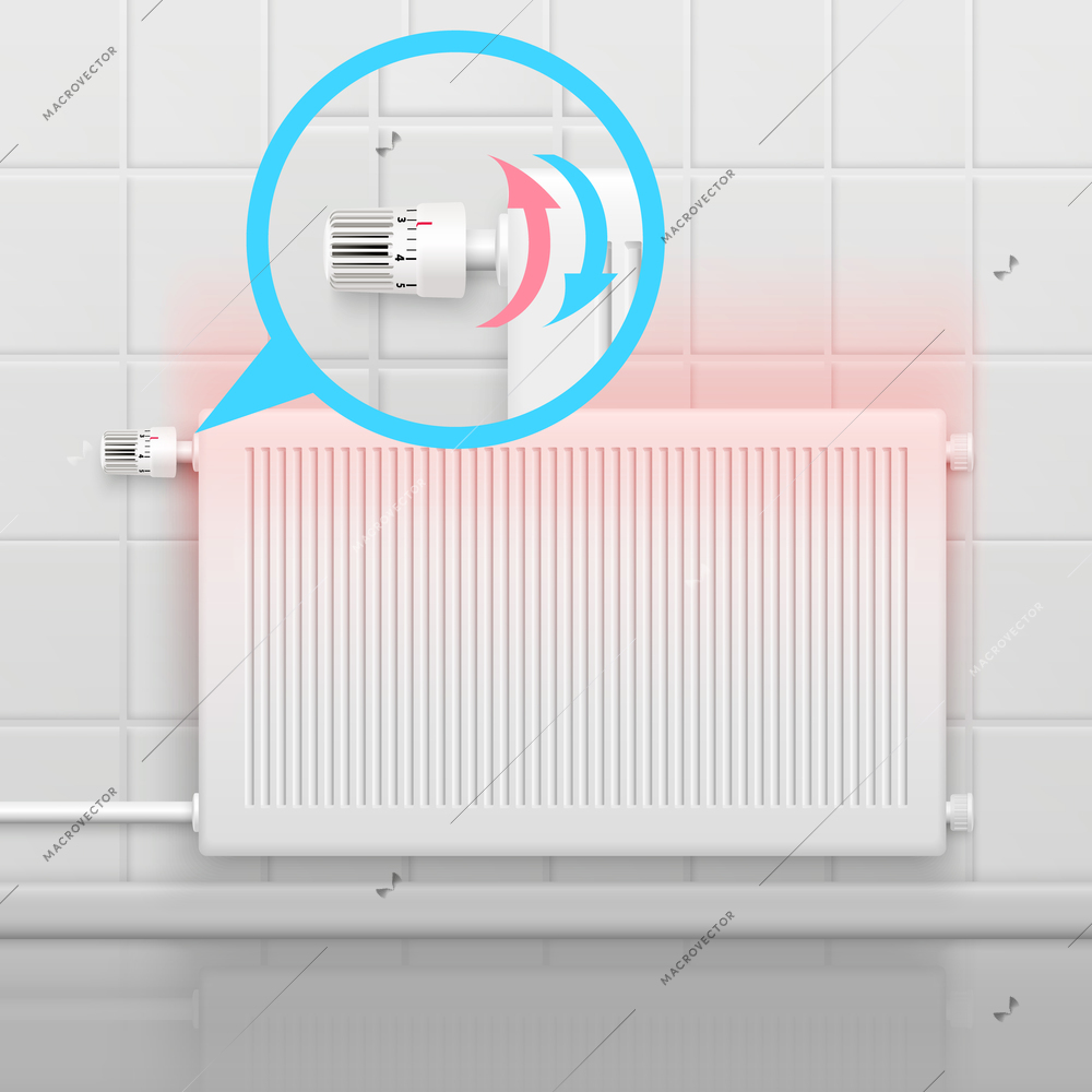 Radiator conceptual composition with flat image of heater battery and zoomed-in view of rotational water temperature regulator vector illustration