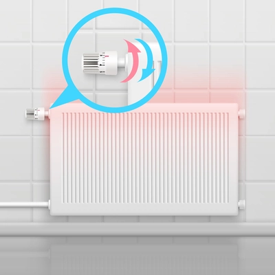 Radiator conceptual composition with flat image of heater battery and zoomed-in view of rotational water temperature regulator vector illustration