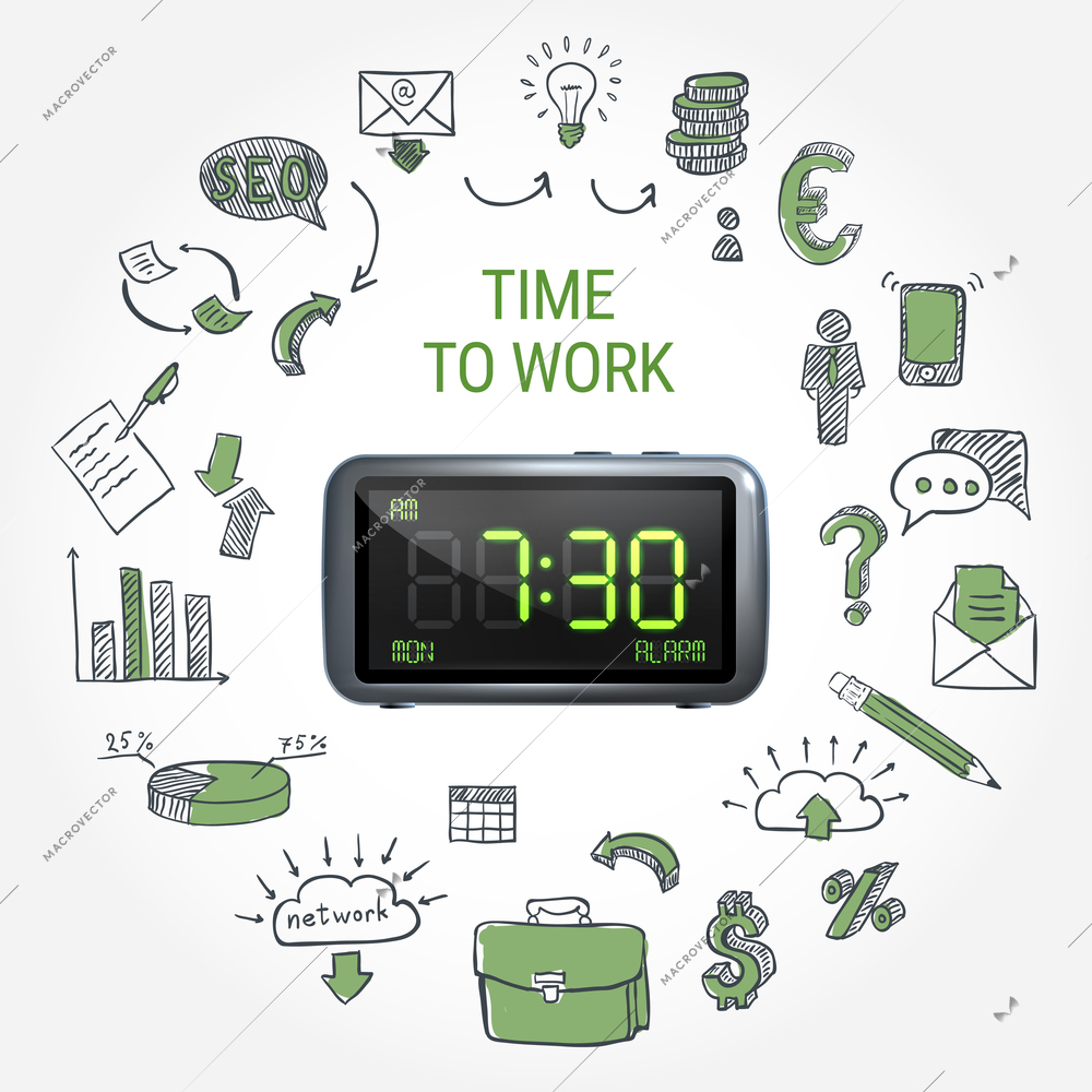 Time to work round composition with hand drawn business icons around 3d electronic clock isolated vector illustration