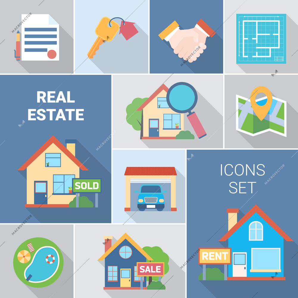 Real estate and agency icons set with buying symbols flat isolated vector illustration