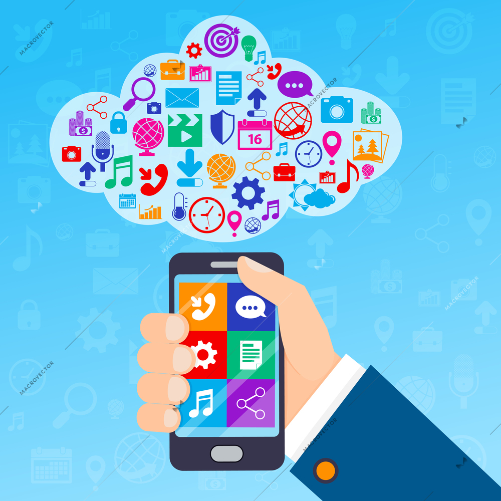 Mobile phone services poster with hand and cloud of icons vector illustration