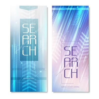 Search radar vertical banners of pastel color with glowing screen information including lines, arrows isolated vector illustration