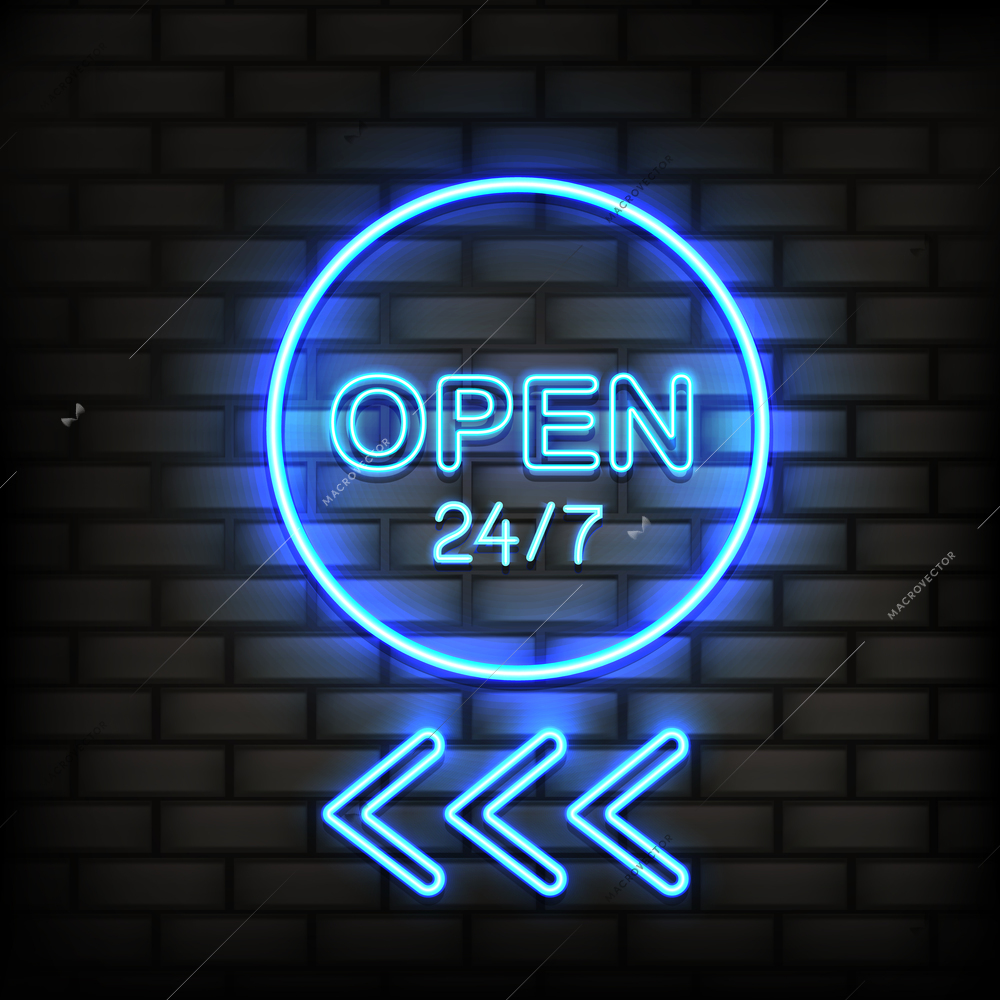 Motel neon showing sign 24h composition with flat luminous sign on brickwall with text letters and arrows vector illustration