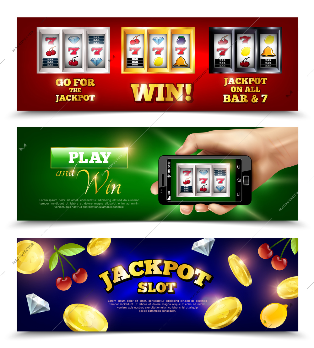 Slot machine set of horizontal banners with jackpot, coins, fruits, mobile app at smartphone isolated vector illustration