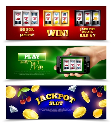 Slot machine set of horizontal banners with jackpot, coins, fruits, mobile app at smartphone isolated vector illustration