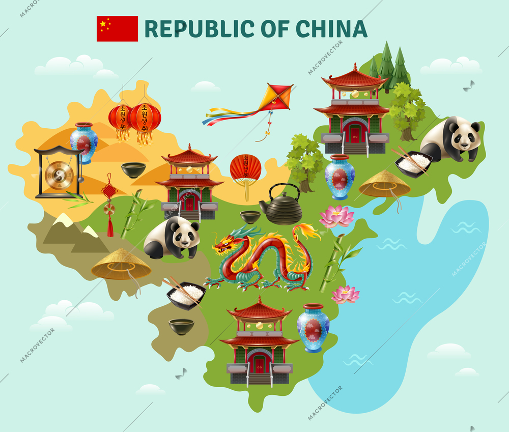 China travel sightseeing map with culture traditions national cuisine dishes and places of interest symbols vector illustration