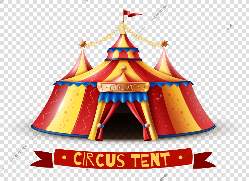 Classic red yellow travel circus tent on transparent background with decorative ribbon signboard isolated vector illustration