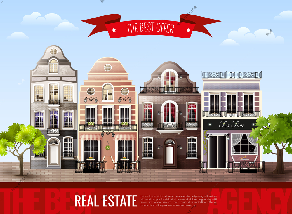 Advertising poster with street from old european houses and green trees on blue sky background vector illustration