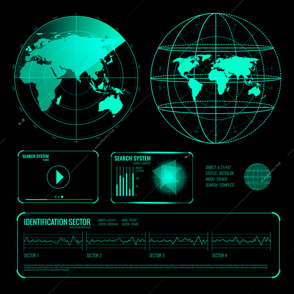 Set of glowing screen elements of search radar in blue color on black background isolated vector illustration