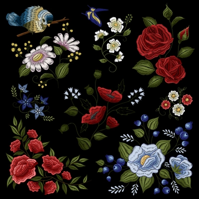 Traditional floral folk fashion ornamental embroidery pattern design in red green white blue on black background vector illustration