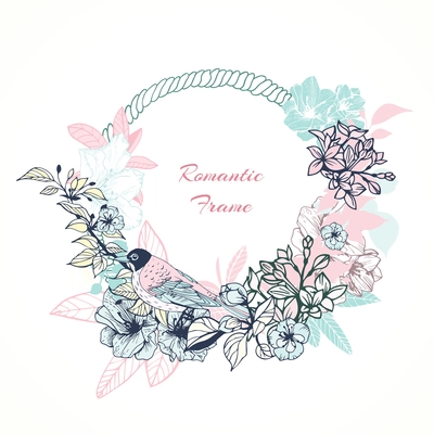 Gentle romantic frame with birds and flowers vector illustration