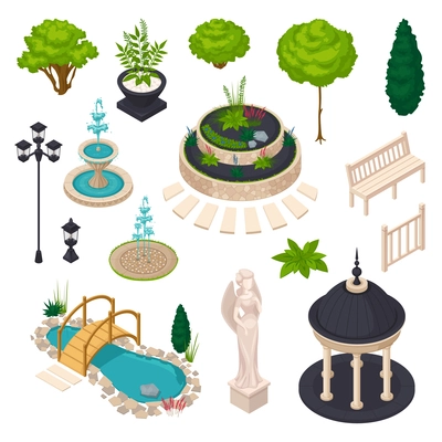 Isometric elements for city landscape constructor with bench gazebo statue streetlight flowerbed lake trees and bushes isolated vector illustration