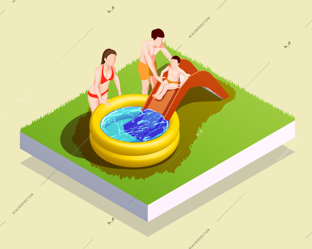 Swimming pool isometric composition with human characters of parents assisting male kid to go down waterslide vector illustration