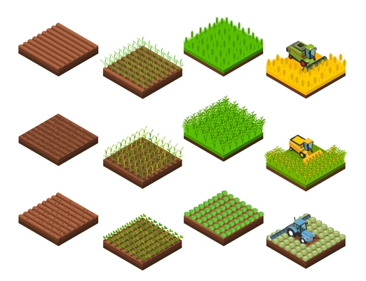Farm harvesting set with isolated isometric square field section images at various stages of harvesting operations vector illustration