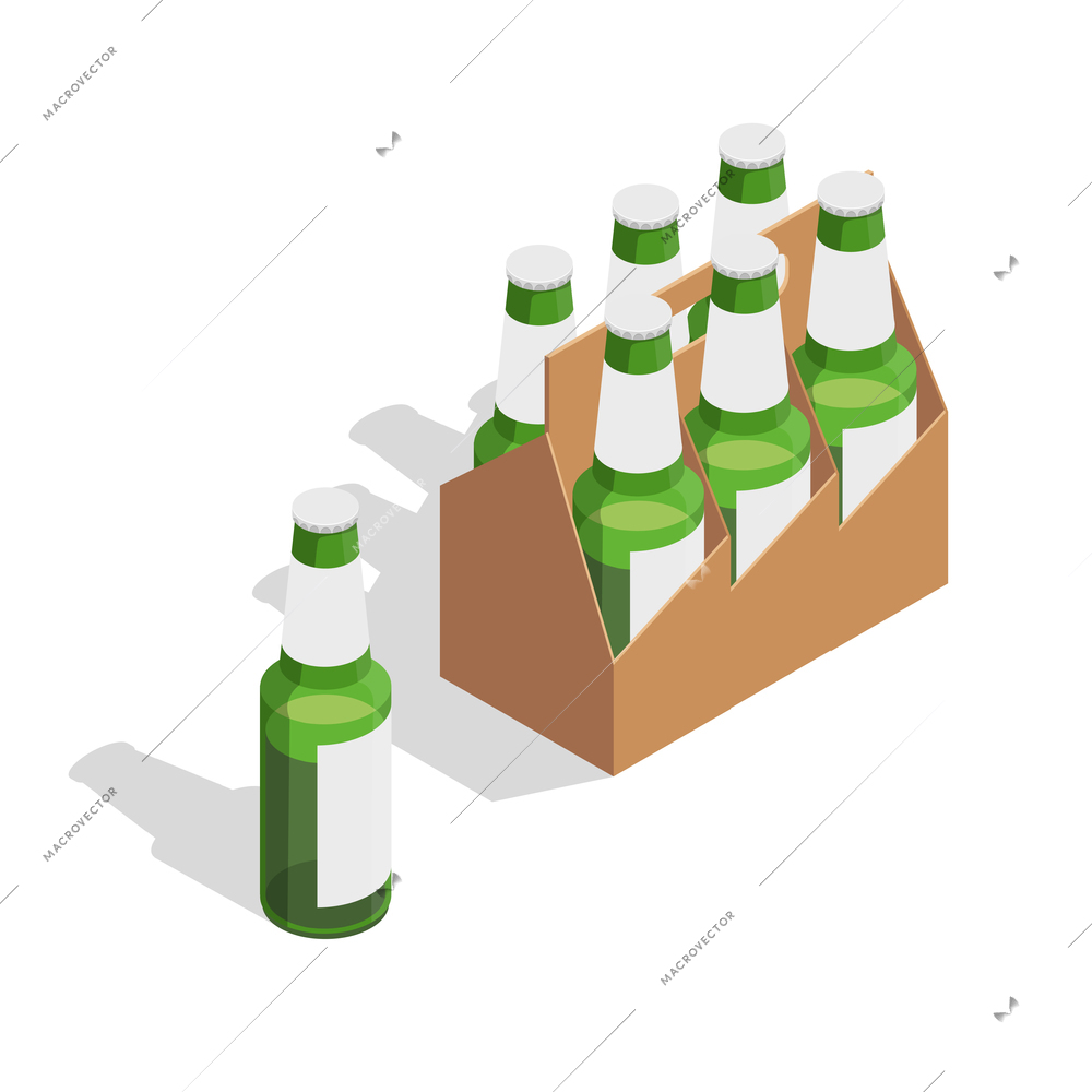 Isolated beer pack isometric composition with seven green glass bottles on white background vector illustration