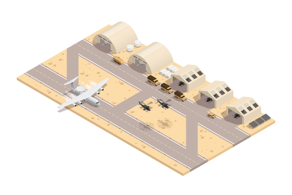 Colored military isometric composition in beige colors with runway great location for a military base vector illustration