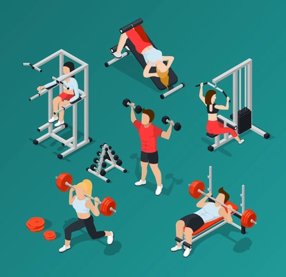 Isolated isometric gym people icon set with Men and women at workout vector illustration