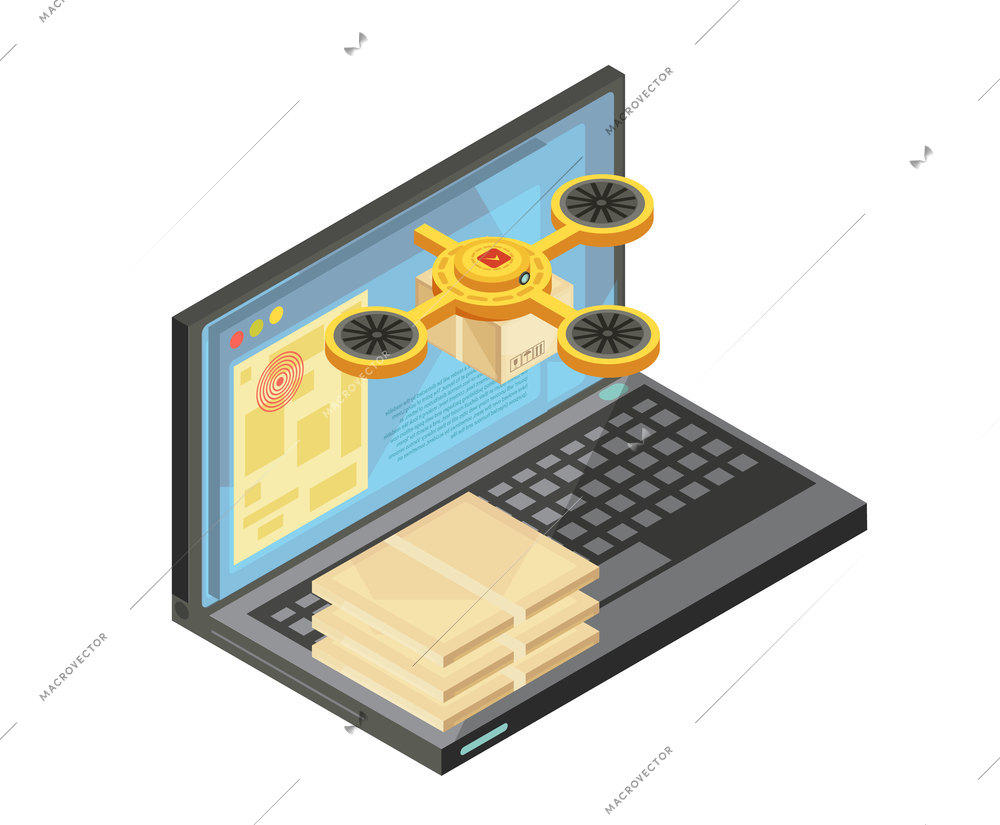 Delivery tracking by internet isometric composition including packages on keyboard, goods location on laptop screen vector illustration