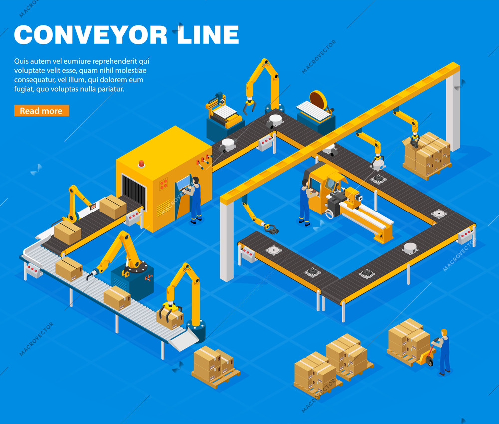 Conveyor line isometric concept with technology symbols on blue background vector illustration