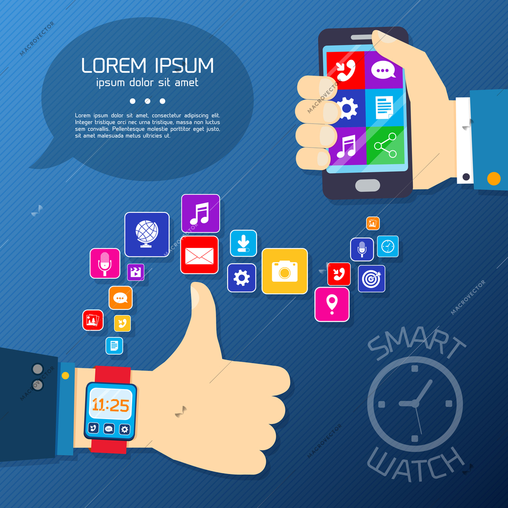 Smart watch smartphone synchro concept with thumbs up hand and mobile apps icons vector illustration