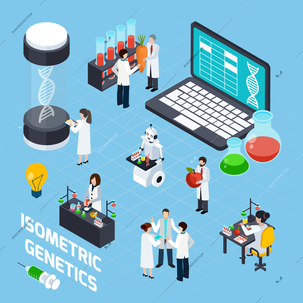 Genetics composition with dna symbols scientists used laboratory experiments and image of robot with tubes isometric vector illustration