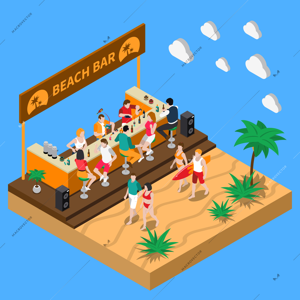 Beach bar in southern country isometric composition with bartenders at bar counter and  resting people vector illustration