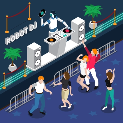 Robot professions 3d design concept with robot dj and young dancing people at night party isometric vector illustration