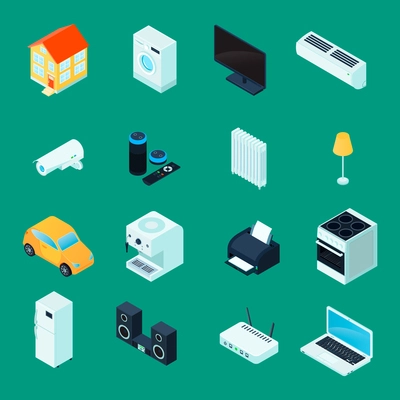 Smart home isometric icons collection with household  kitchen appliances laptop security camera green background isolated vector illustration