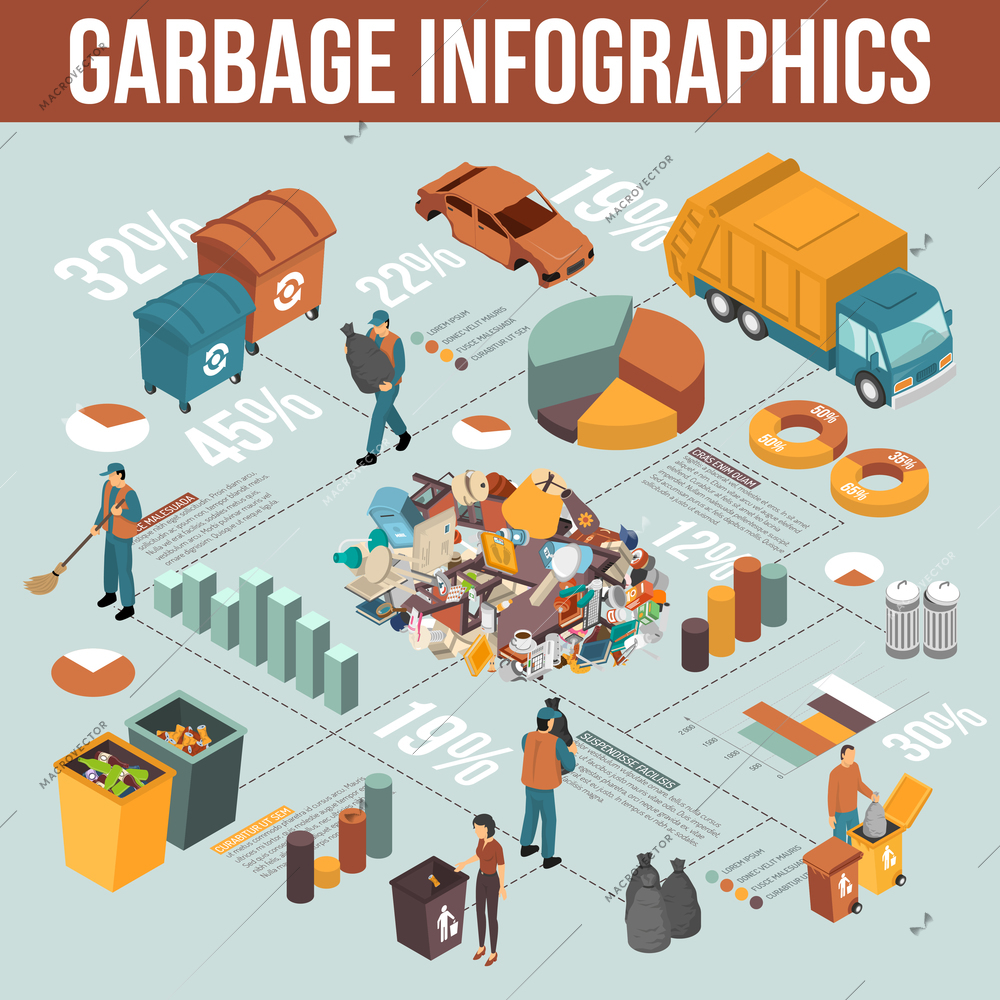 Colored isometric garbage recycling infographics scheme with percentage ratio on garbage theme vector illustration