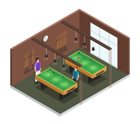 Colored 3d isometric game club interior composition room with pool table and players vector illustration