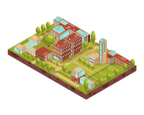 Complex of modern university buildings isometric layout with football field green trees walkways and benches vector illustration