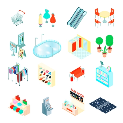 Shopping mall elements isometric icons set with footwear clothing department fastfood and escalator isolated vector illustration