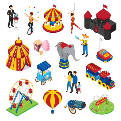 Amusement park isometric set with circus artists, attractions, horror house, street food, balloon, visitors isolated vector illustration