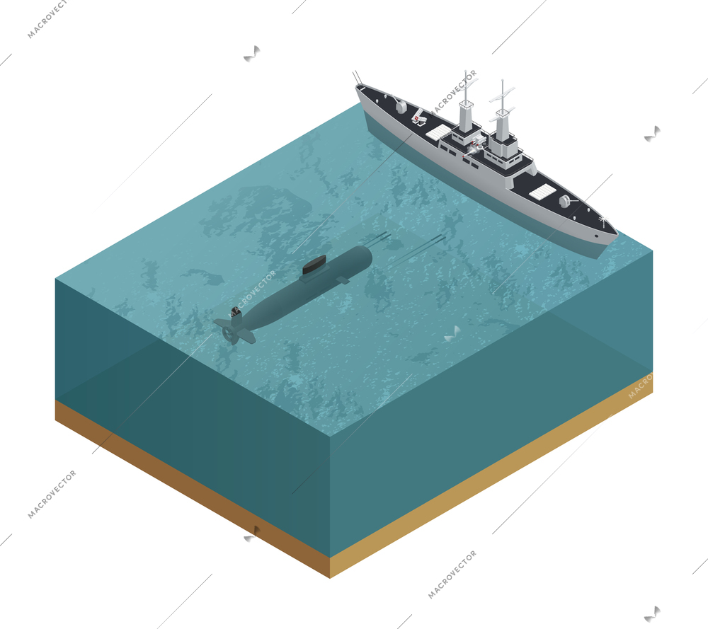 Isometric 3d military boats composition with cut piece of sea with a submarine and a boat vector illustration